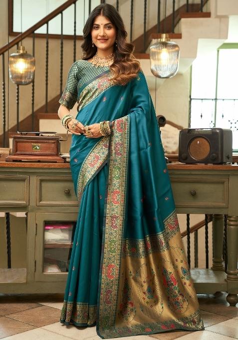 Turquoise Blue Woven Weaving Silk Blend Saree Set