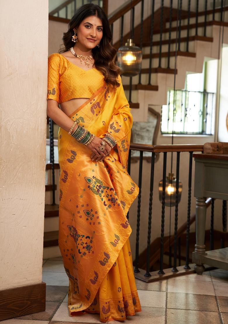 Yellow Woven Weaving Silk Blend Saree Set - Indya