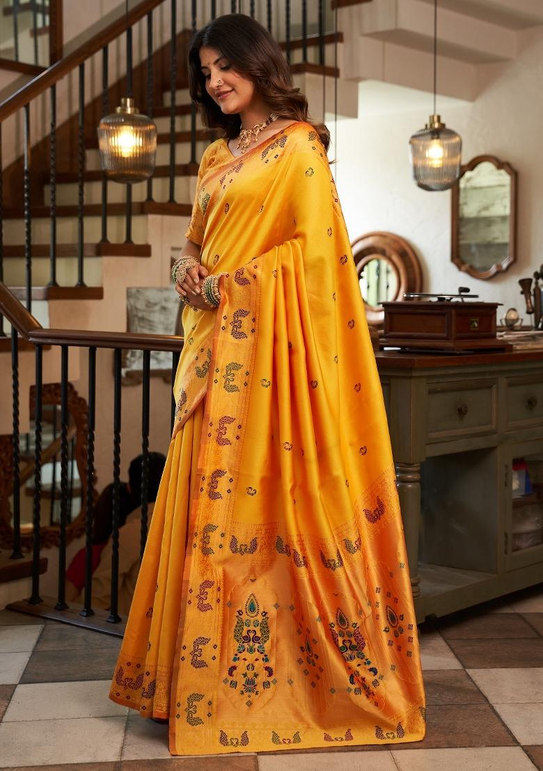 Yellow Woven Weaving Silk Blend Saree Set - Indya