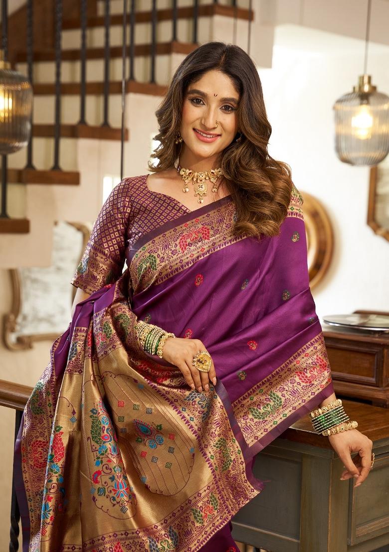 Purple Woven Weaving Silk Blend Saree Set - Indya