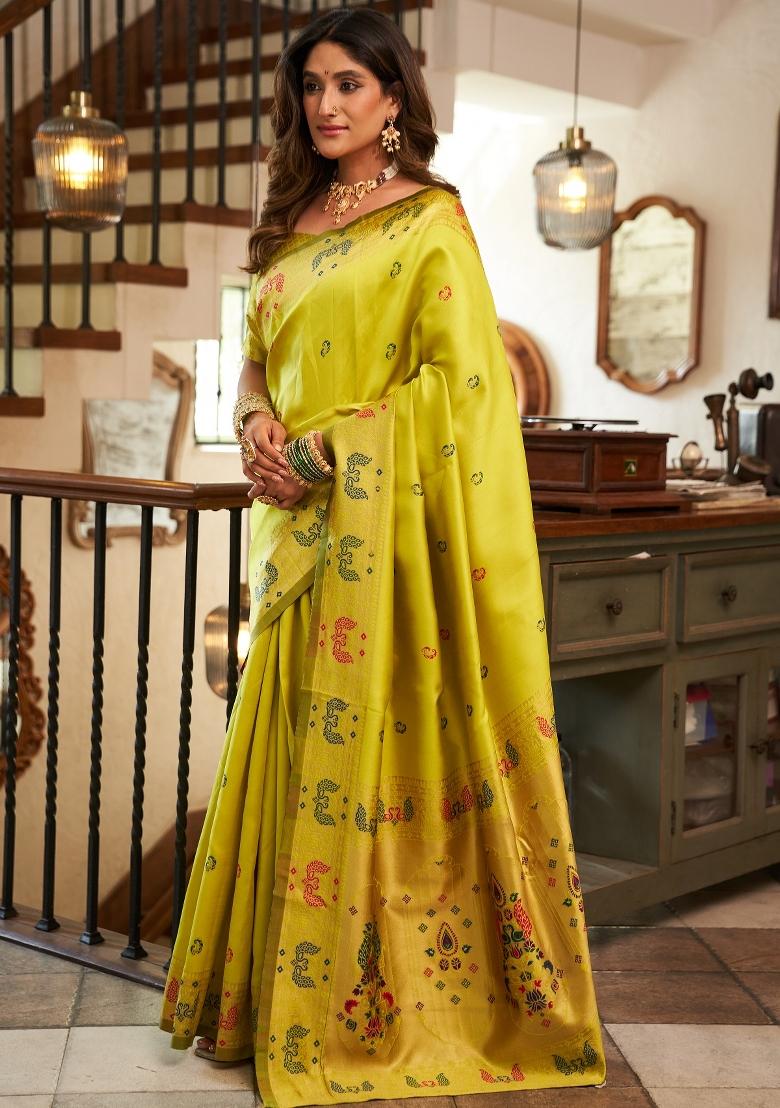 Lemon Yellow Woven Weaving Silk Blend Saree Set - Indya