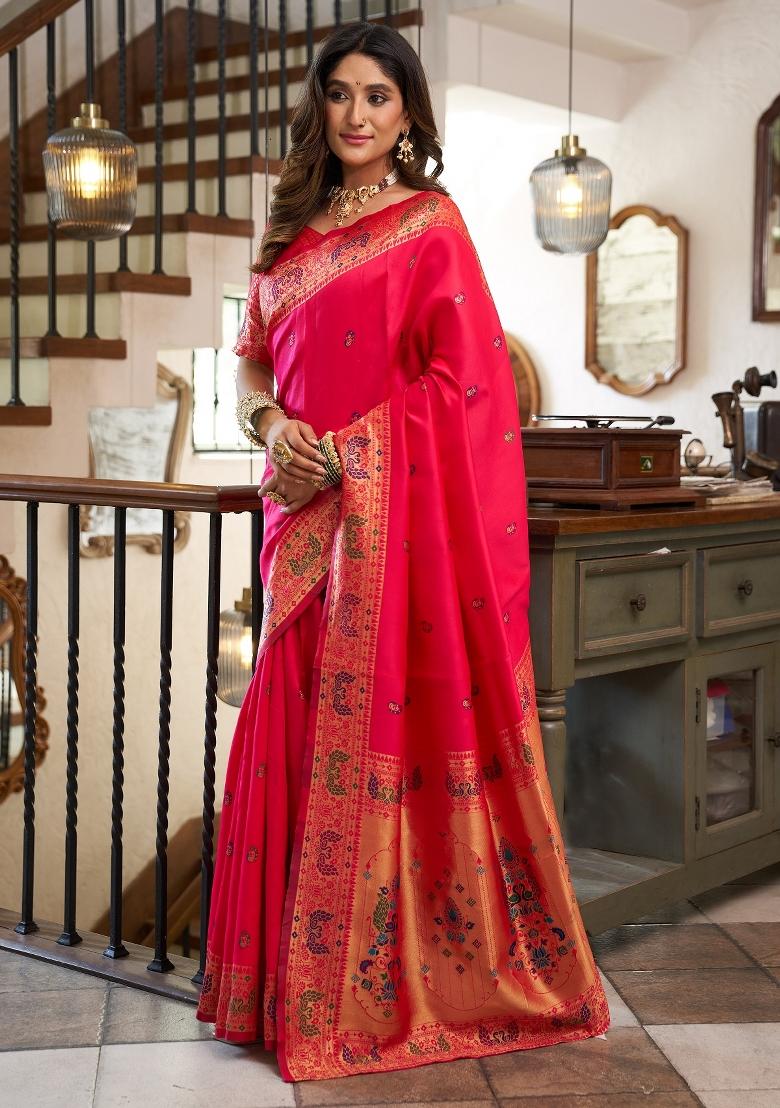 Red Woven Weaving Silk Blend Saree Set - Indya