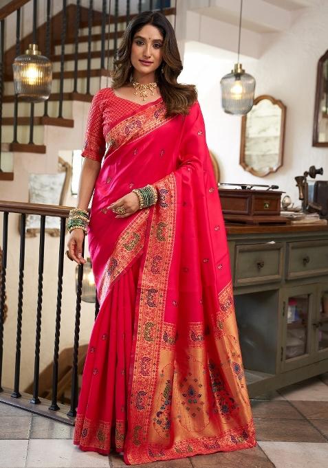 Red Woven Weaving Silk Blend Saree Set