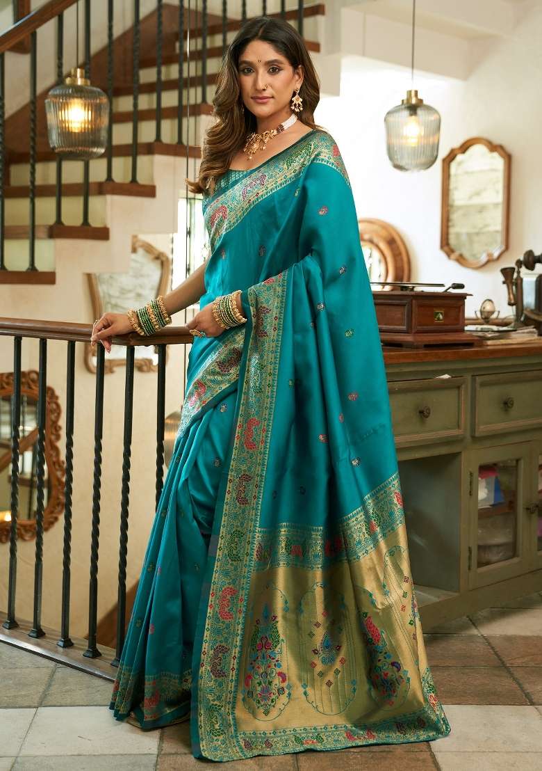 Turquoise Blue Woven Weaving Silk Blend Saree Set for Diwali | Wedding & Festive Wear - Indya