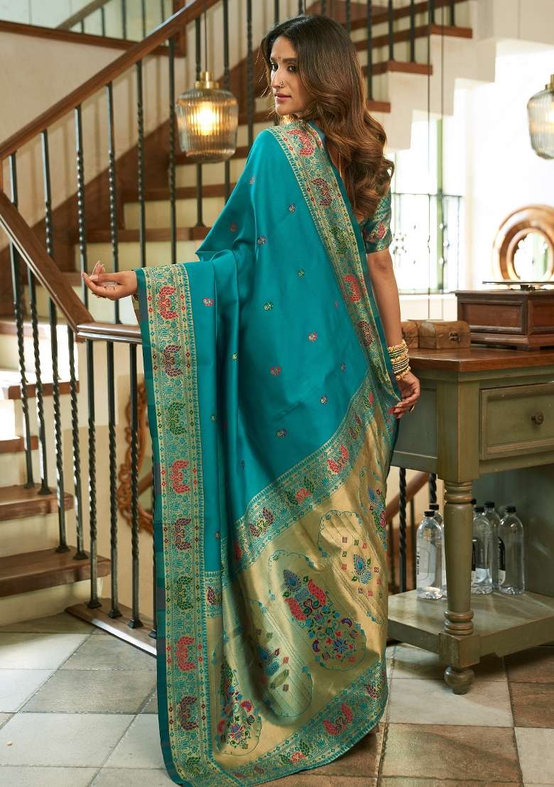 Turquoise Blue Woven Weaving Silk Blend Saree Set for Diwali | Wedding & Festive Wear - Indya