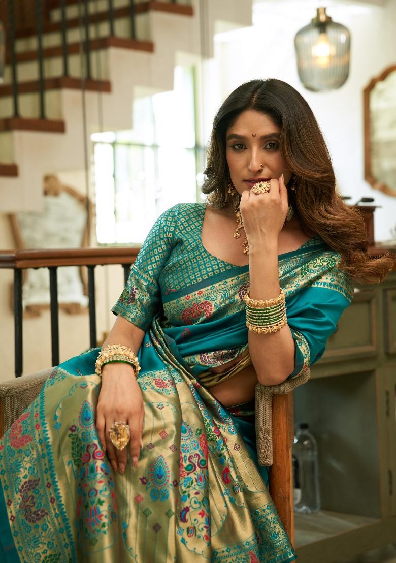 Turquoise Blue Woven Weaving Silk Blend Saree Set - Indya