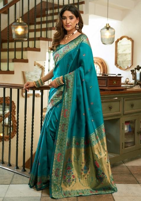 Turquoise Blue Woven Weaving Silk Blend Saree Set