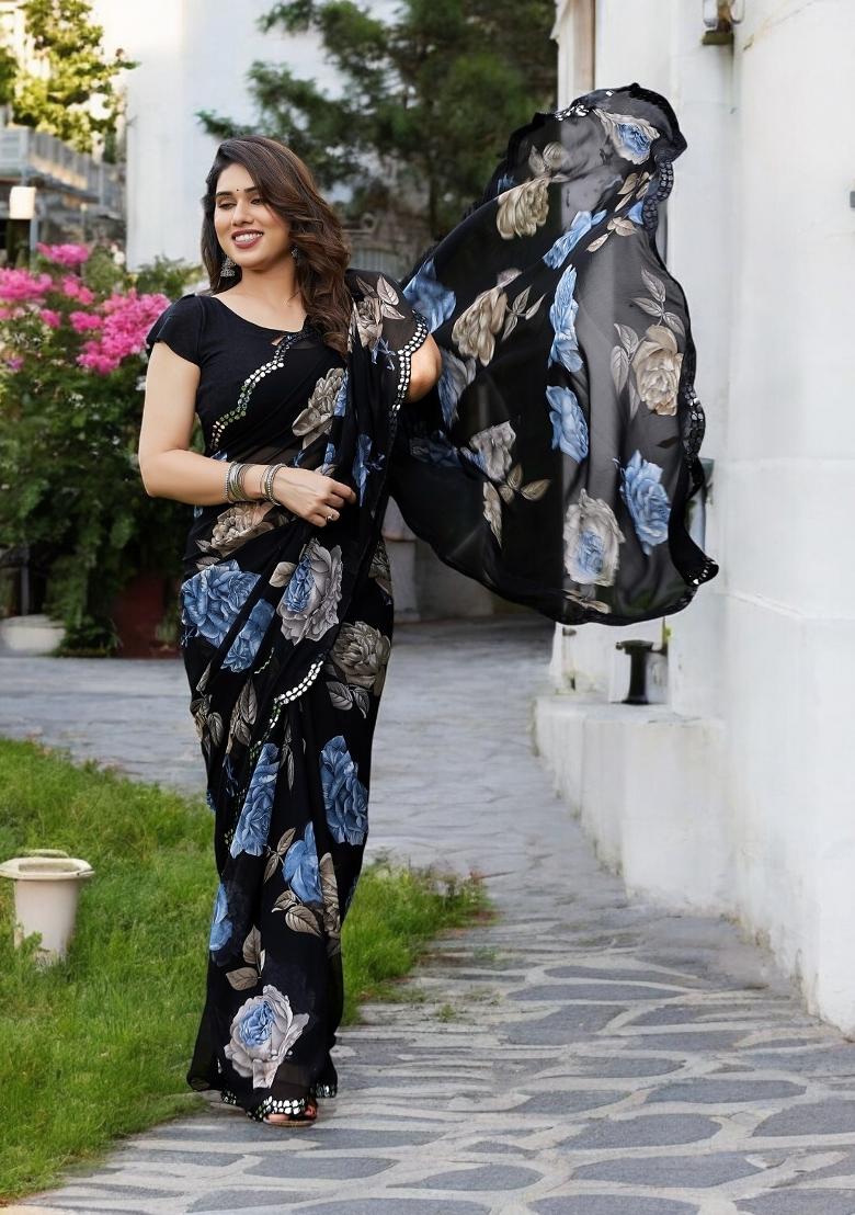 Blue Printed Georgette Saree Set - Indya