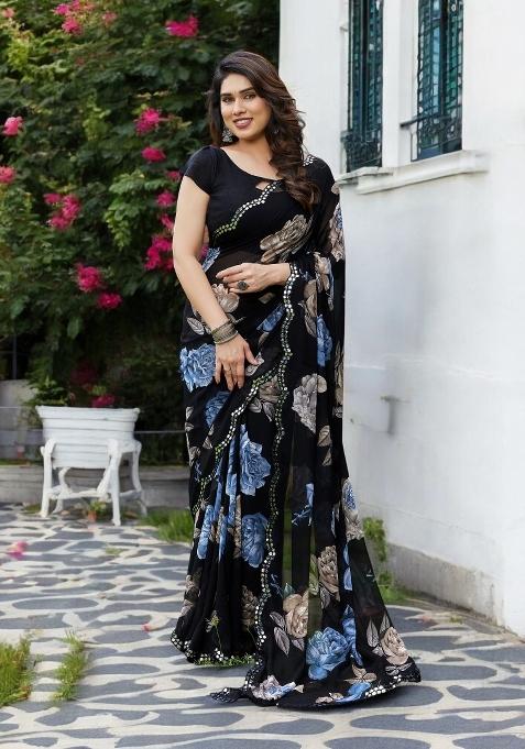 Blue Printed Georgette Saree Set
