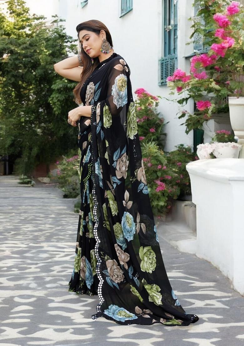 Green Printed Georgette Saree Set - Indya