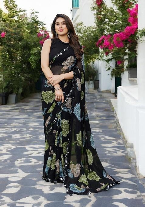 Green Printed Georgette Saree Set