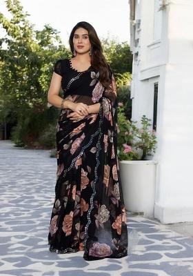 Orange Printed Georgette Saree Set