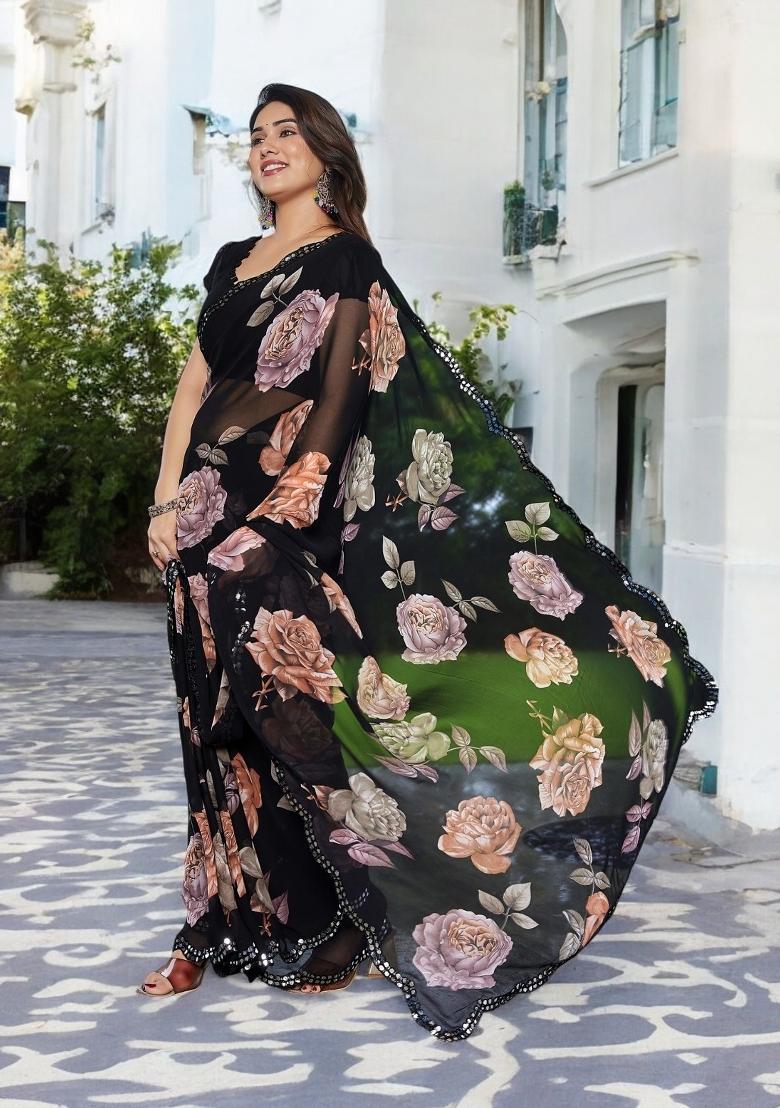 Orange Printed Georgette Saree Set - Indya