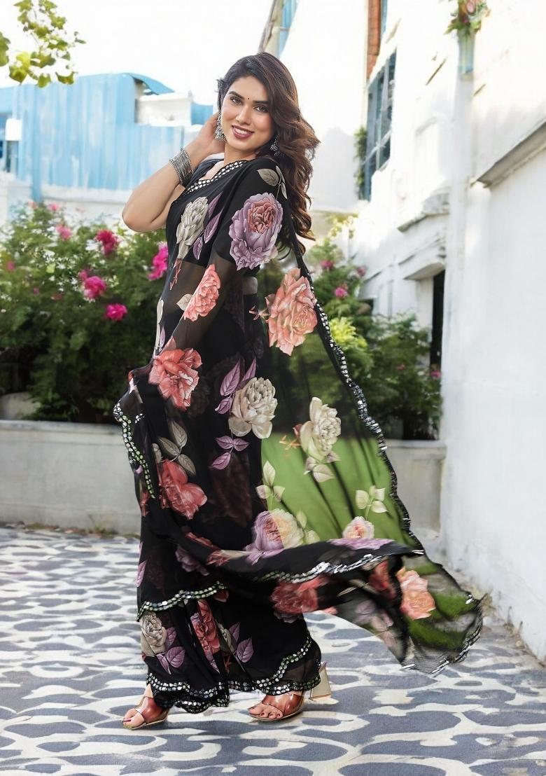 Orange Printed Georgette Saree Set - Indya