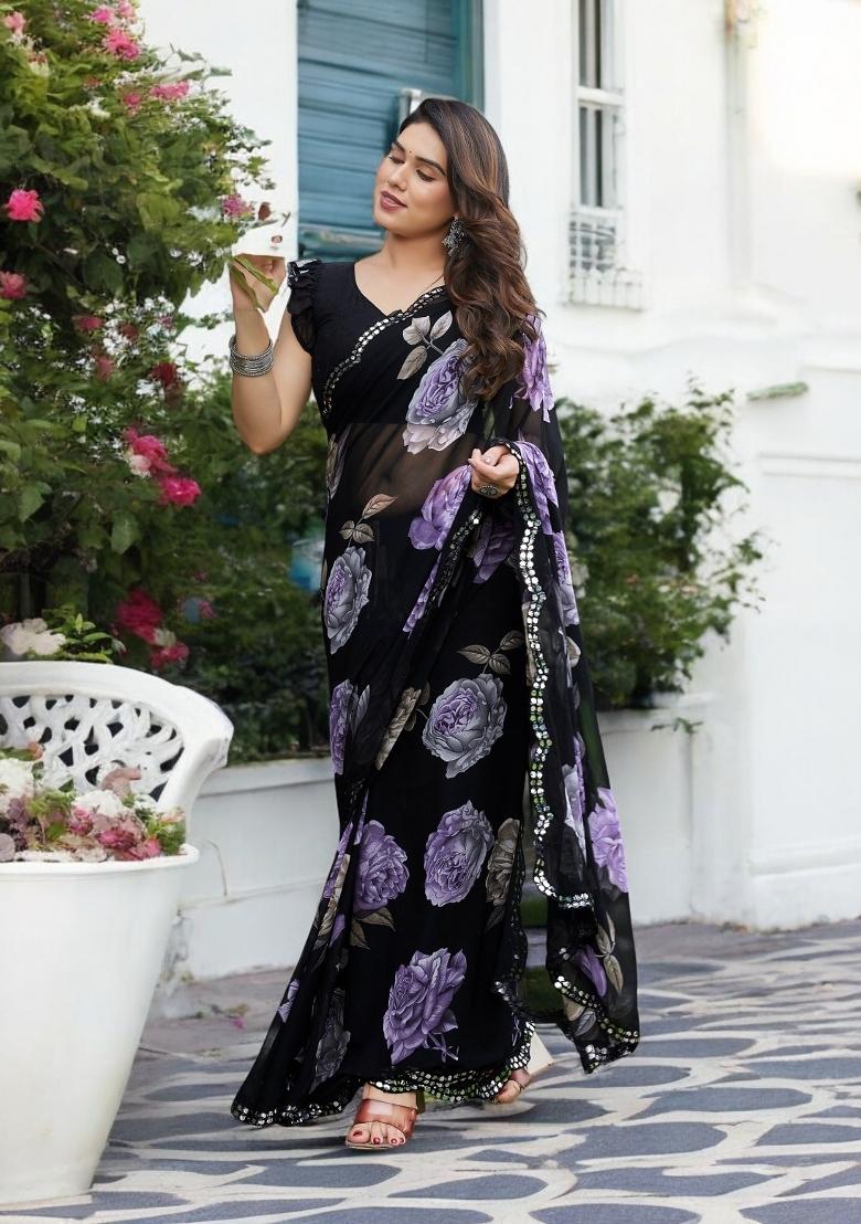 Purple Printed Georgette Saree Set - Indya