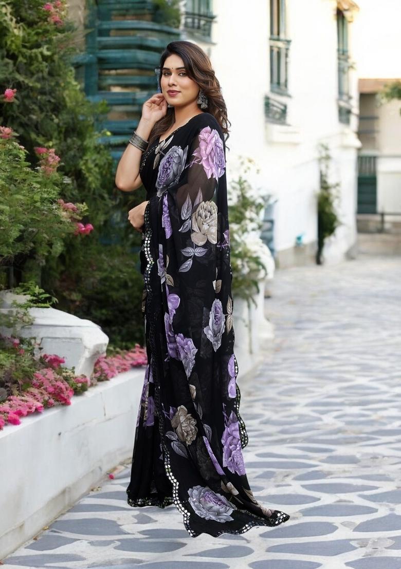 Purple Printed Georgette Saree Set - Indya