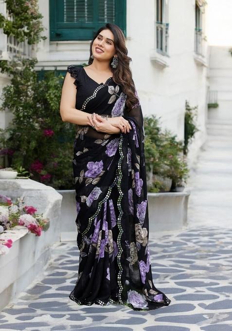 Purple Printed Georgette Saree Set