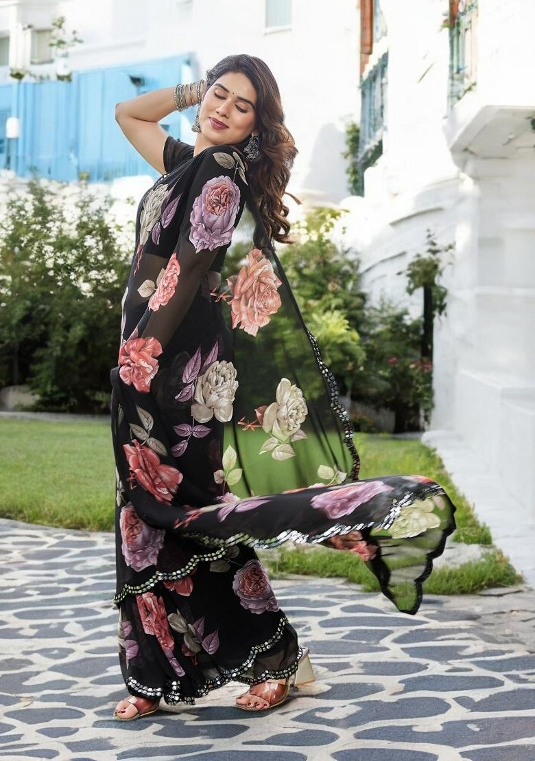 Red Printed Georgette Saree Set - Indya