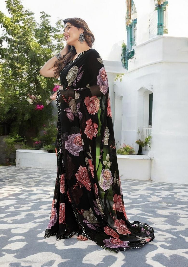 Red Printed Georgette Saree Set - Indya