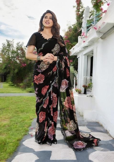 Red Printed Georgette Saree Set