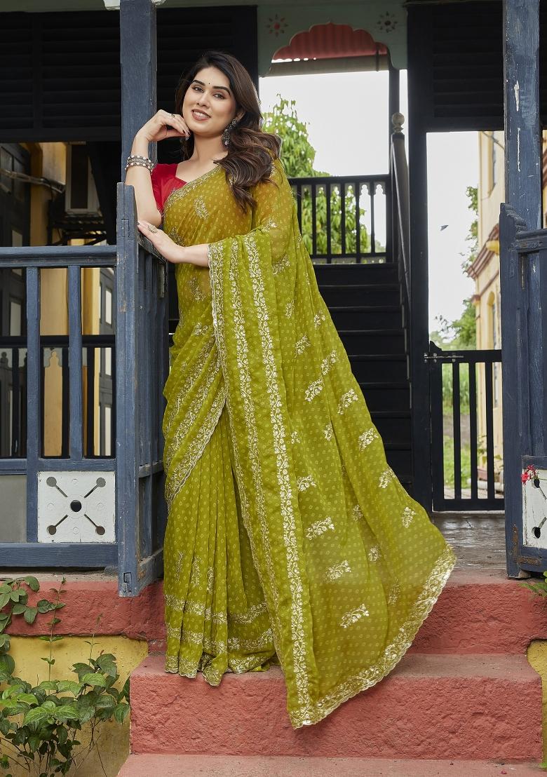 Green Embroidered Georgette Saree Set - Indya