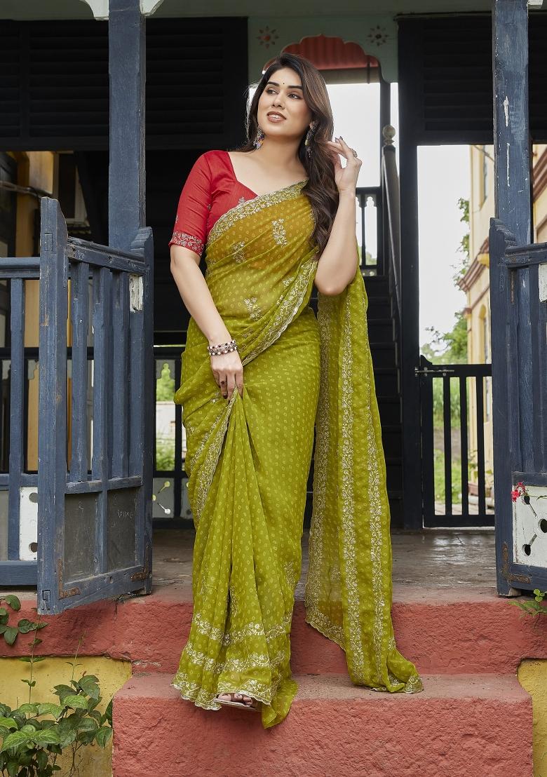 Green Embroidered Georgette Saree Set - Indya