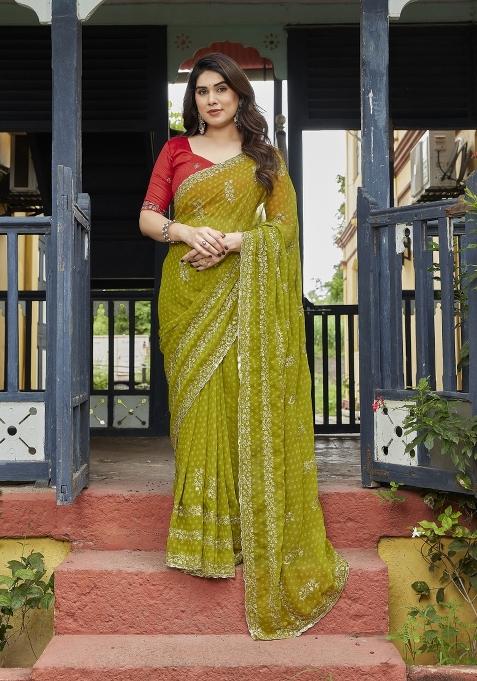 Green Embroidered Georgette Saree Set
