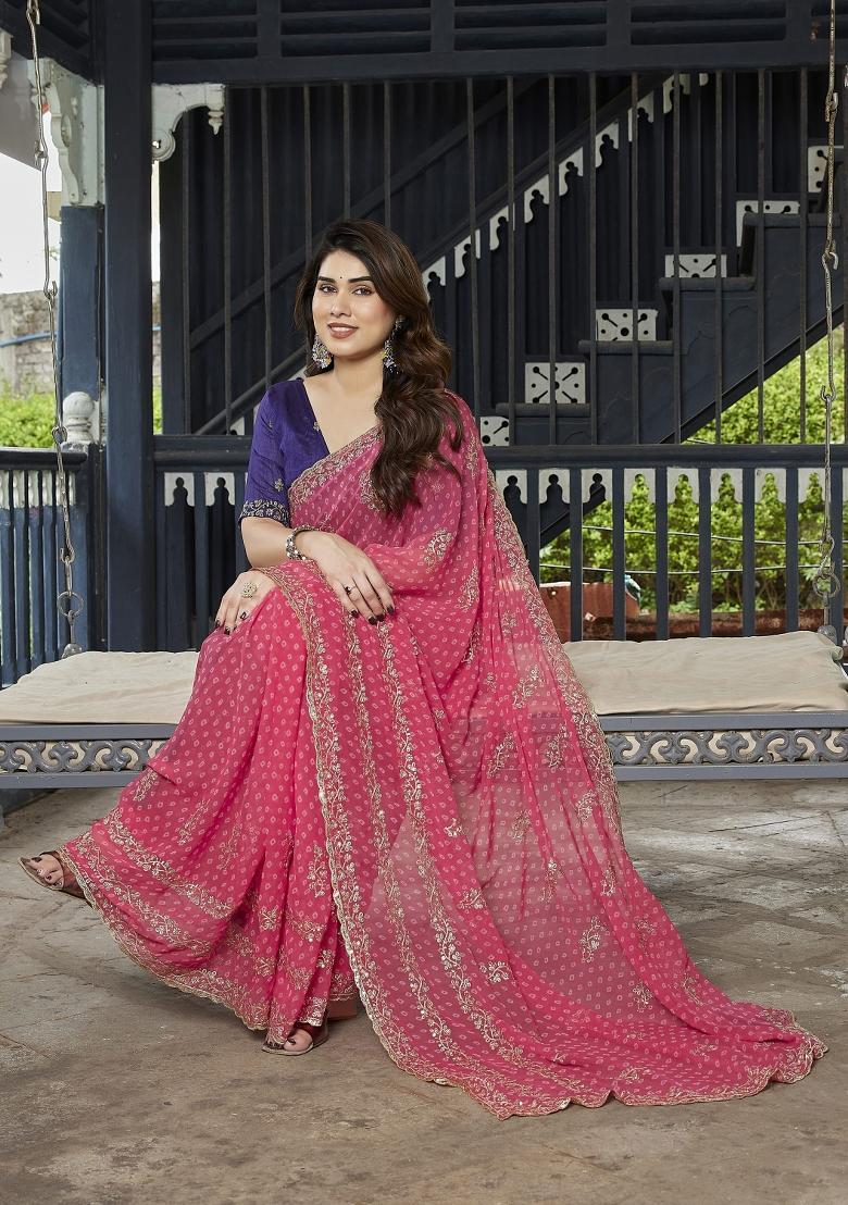 Pink Embroidered Georgette Saree Set - Indya