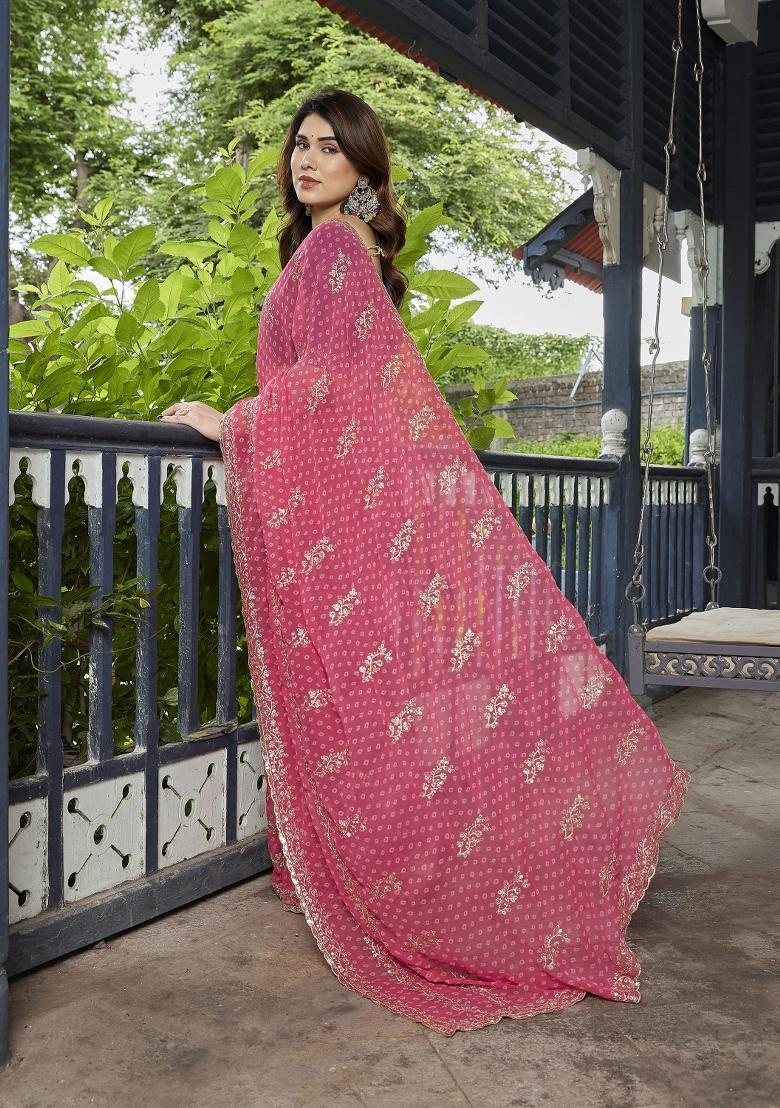 Pink Embroidered Georgette Saree Set - Indya
