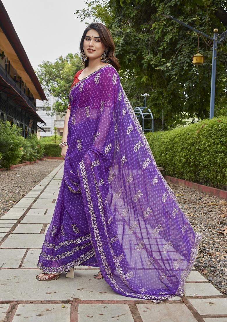 Purple Embroidered Georgette Saree Set - Indya