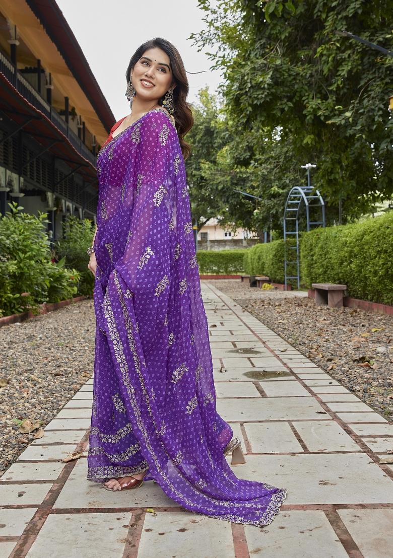 Purple Embroidered Georgette Saree Set - Indya