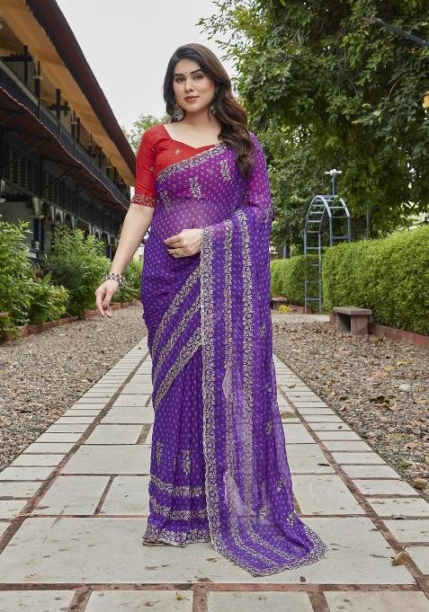 Purple Embroidered Georgette Saree Set