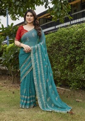 Sky Blue Embroidered Georgette Saree Set