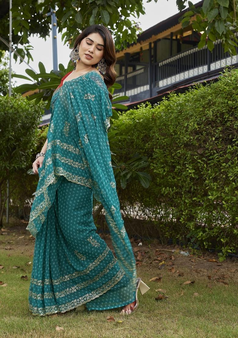 Sky Blue Embroidered Georgette Saree Set - Indya