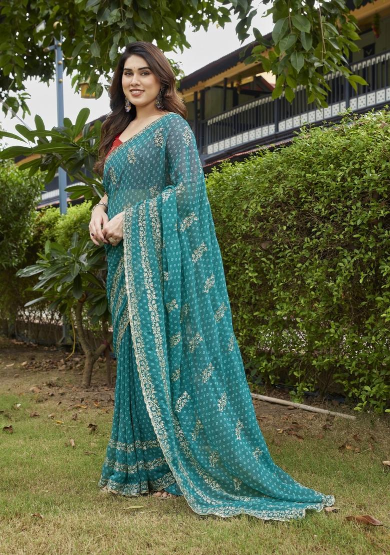 Sky Blue Embroidered Georgette Saree Set - Indya
