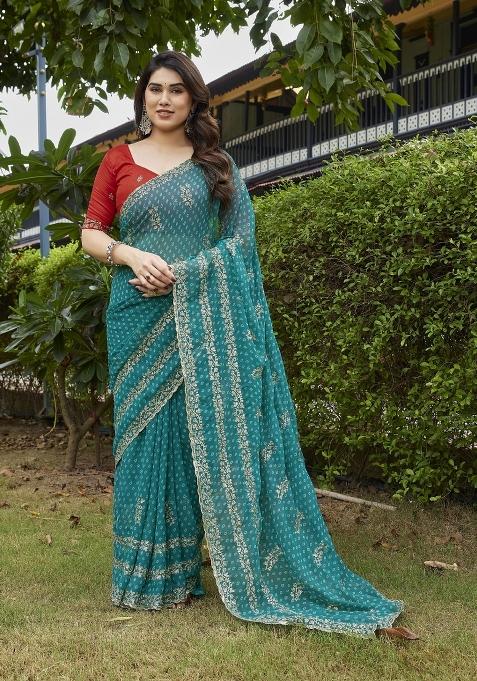 Sky Blue Embroidered Georgette Saree Set