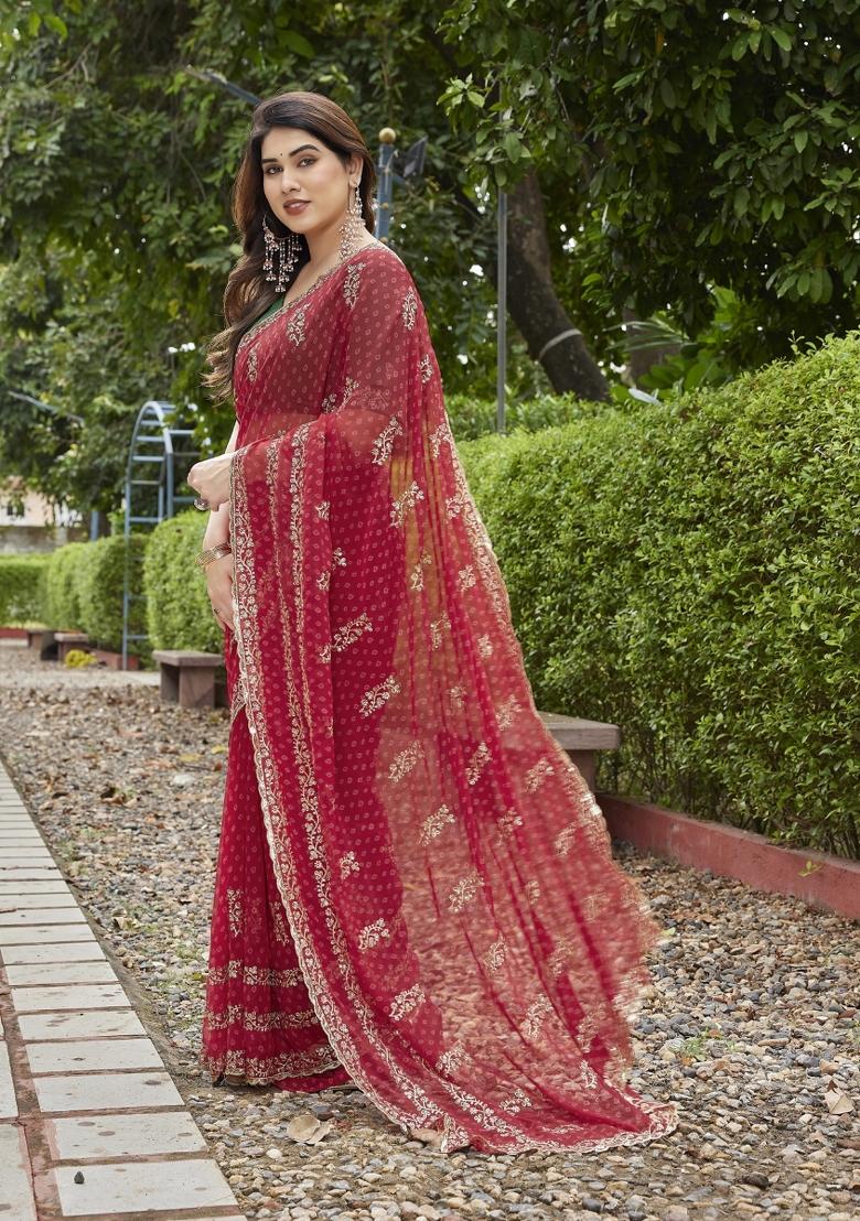 Red Embroidered Georgette Saree Set - Indya