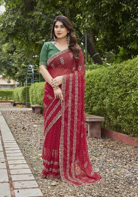Red Embroidered Georgette Saree Set