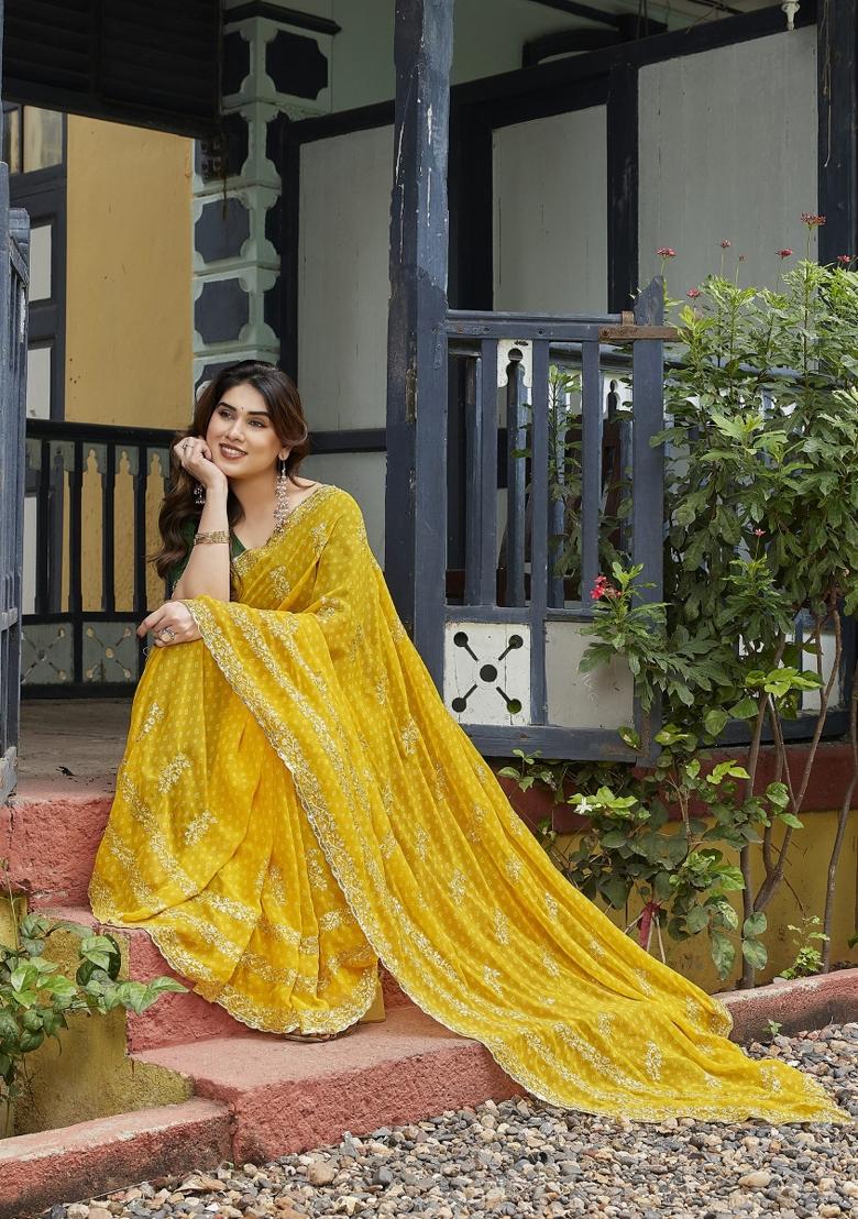 Yellow Embroidered Georgette Saree Set - Indya