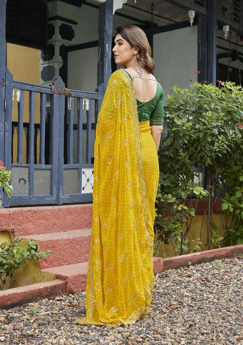 Yellow Embroidered Georgette Saree Set for Diwali and Festive Wear - Indya