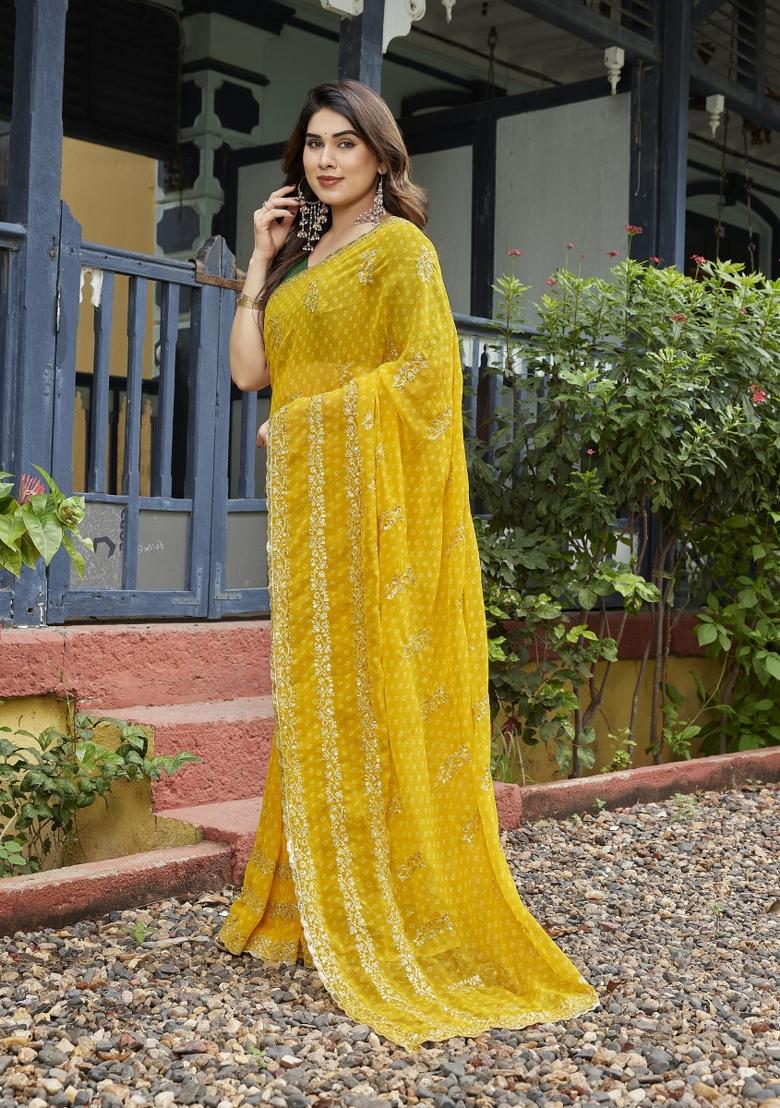 Yellow Embroidered Georgette Saree Set - Indya