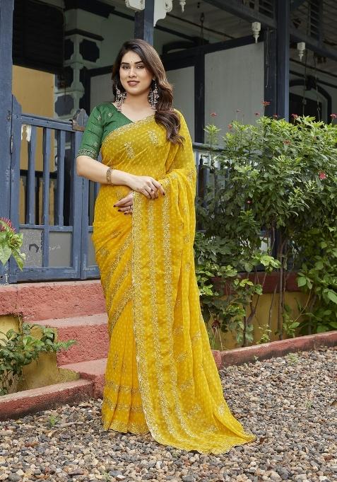 Yellow Embroidered Georgette Saree Set