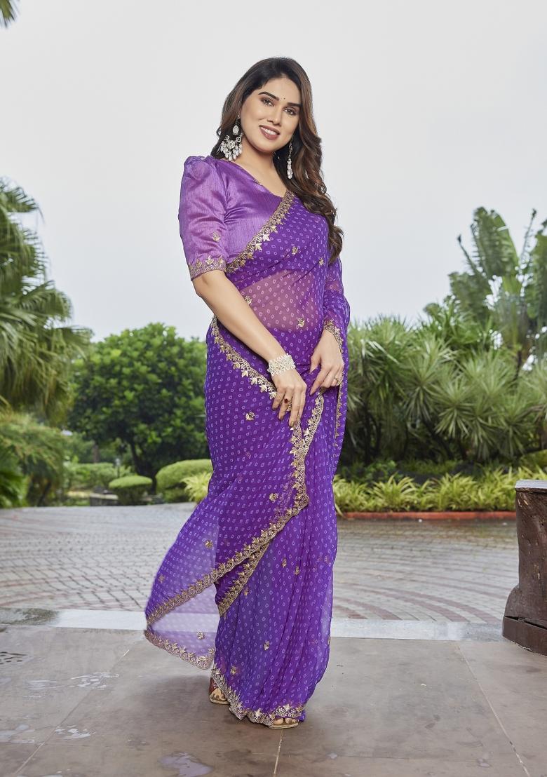 Purple Embroidered Georgette Saree Set - Indya