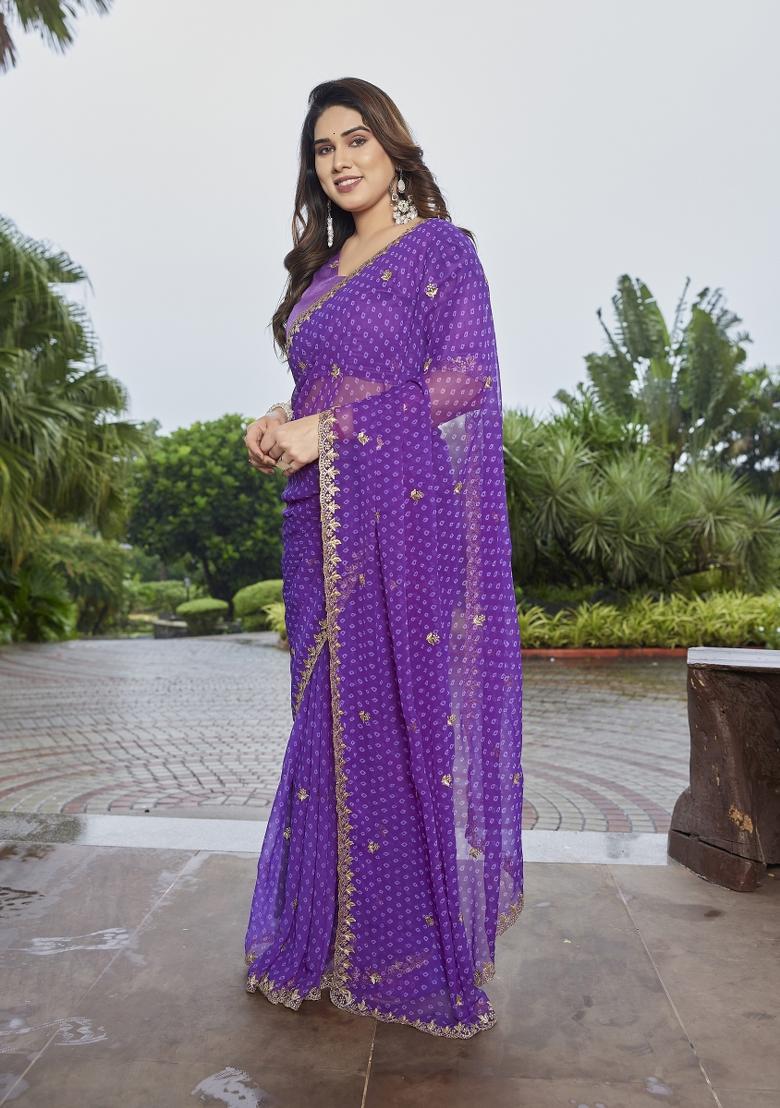 Purple Embroidered Georgette Saree Set - Indya