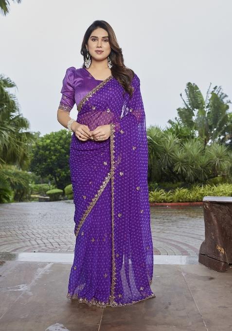 Purple Embroidered Georgette Saree Set