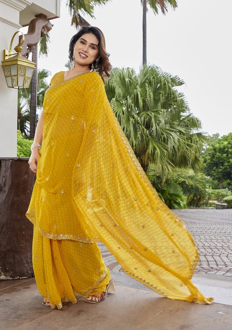 Yellow Embroidered Georgette Saree Set - Indya