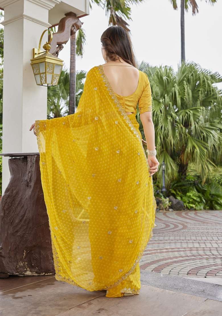 Yellow Embroidered Georgette Saree Set for Diwali and Festive Wear - Indya