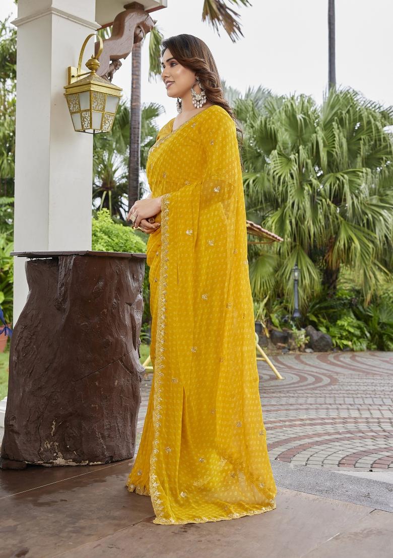 Yellow Embroidered Georgette Saree Set - Indya