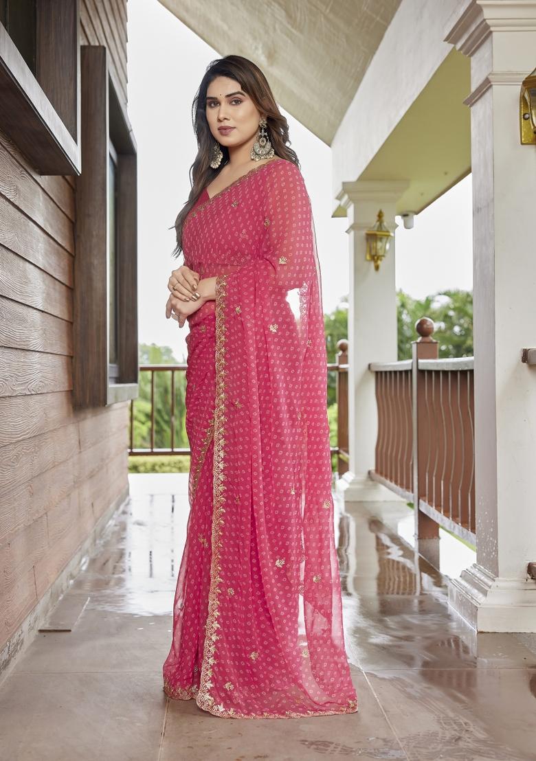 Pink Embroidered Georgette Saree Set - Indya