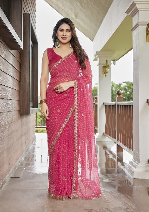 Pink Embroidered Georgette Saree Set